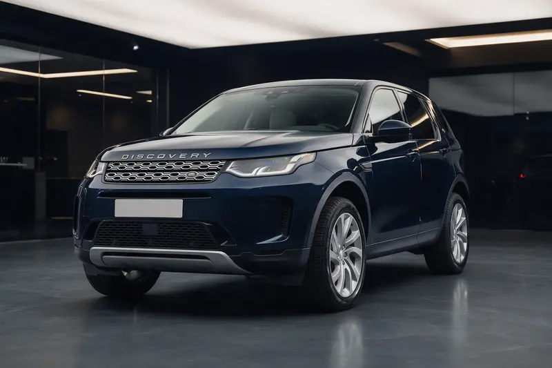 Photo 1: Dark blue Land Rover Discovery Sport SUV in the showroom