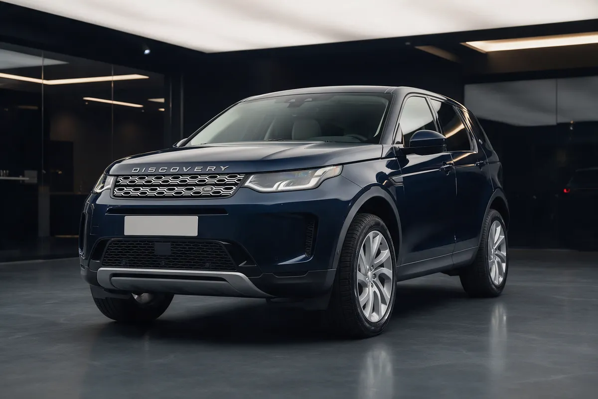 Dark blue Land Rover Discovery Sport SUV in the showroom