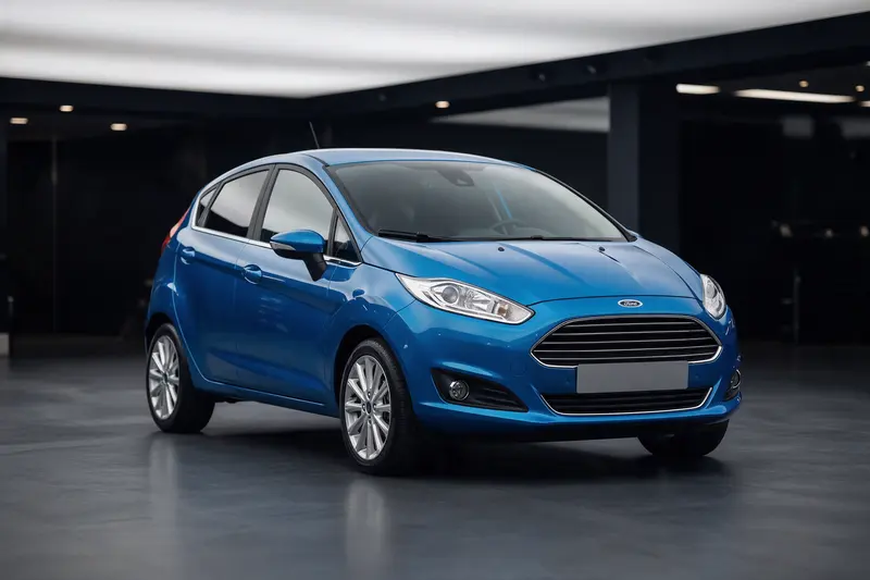 Photo 1: Bright blue Ford Fiesta Titanium hatchback in the showroom