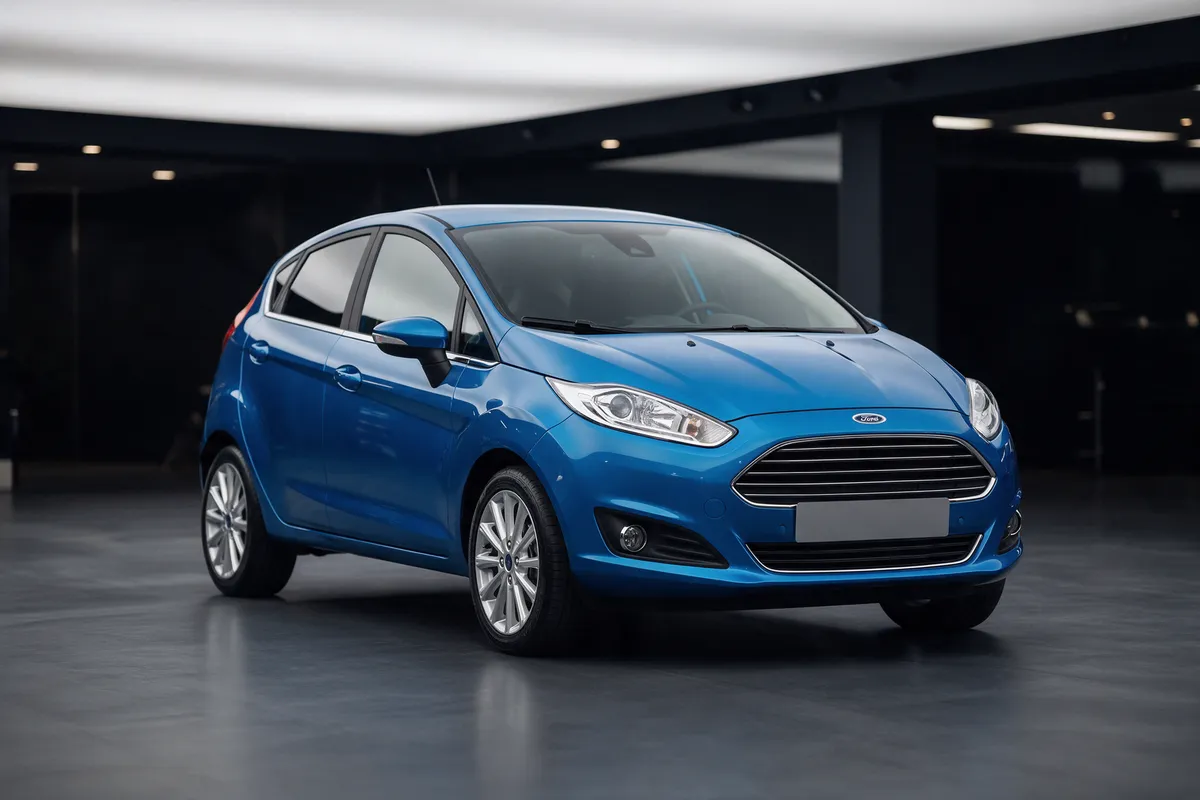 Bright blue Ford Fiesta Titanium hatchback in the showroom