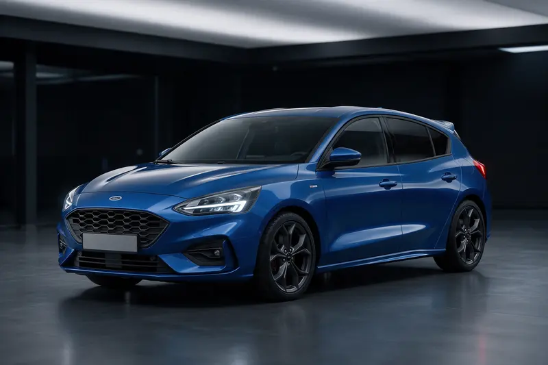 Photo 1: Blue Ford Focus ST-Line hatchback in the showroom