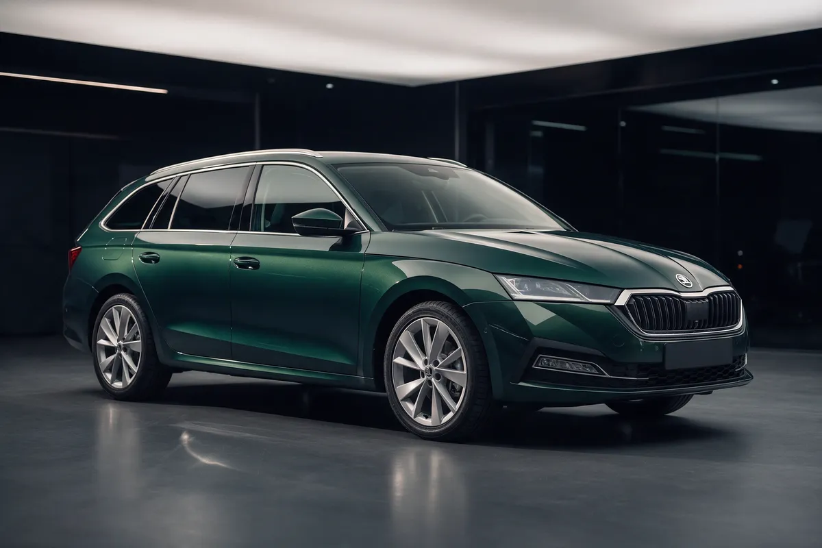 Dark green Skoda Octavia estate in the showroom