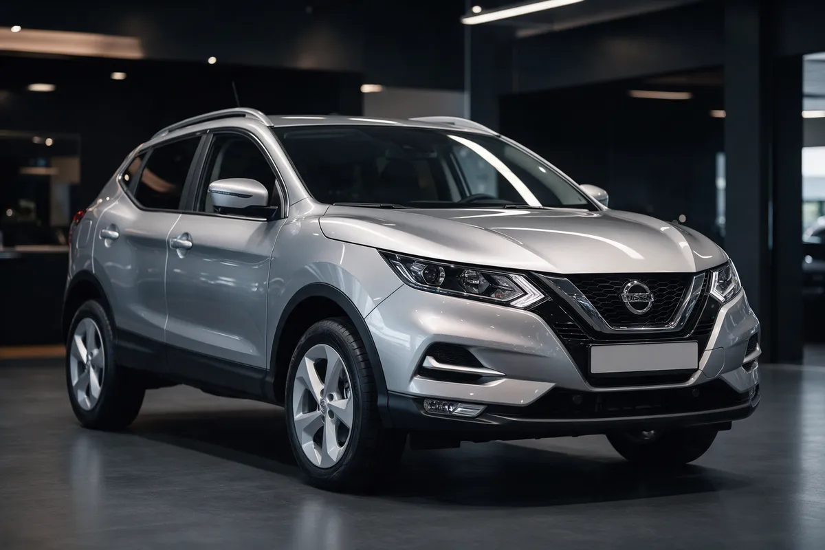 Silver Nissan Qashqai SUV in the showroom