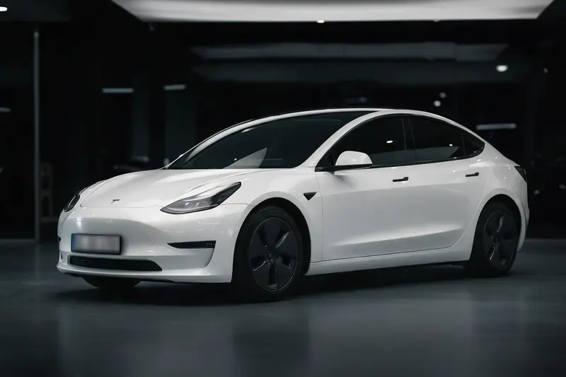 Photo 1: White Tesla Model 3 saloon in the showroom