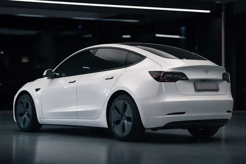 Photo 2: Rear three-quarter view of the white Tesla Model 3