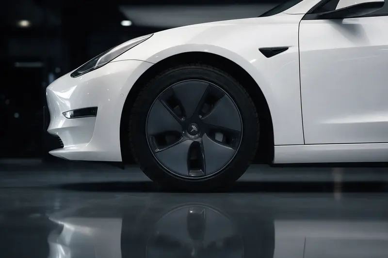 Photo 7: Front wheel and aero cover of the Tesla Model 3