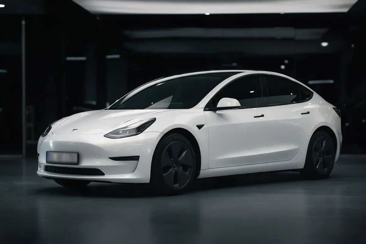 White Tesla Model 3 saloon in the showroom