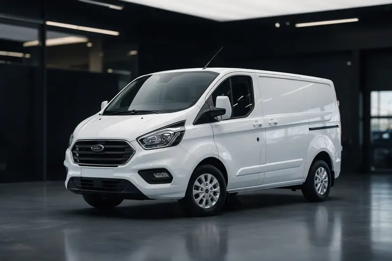 Photo 1: White Ford Transit Custom panel van in the showroom