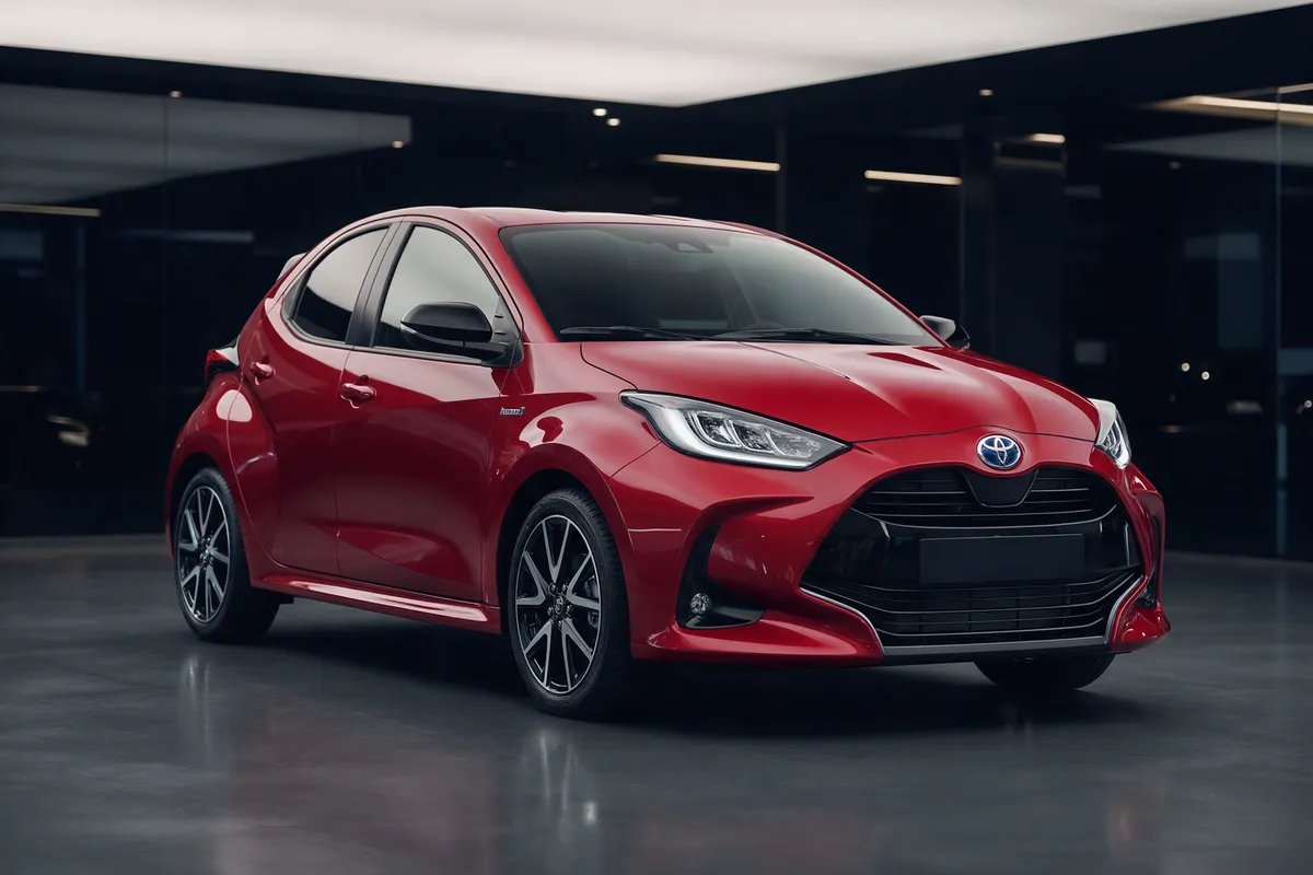 Red Toyota Yaris hybrid hatchback in the showroom