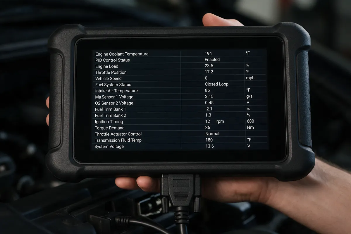 A diagnostic tablet plugged into a car showing live data
