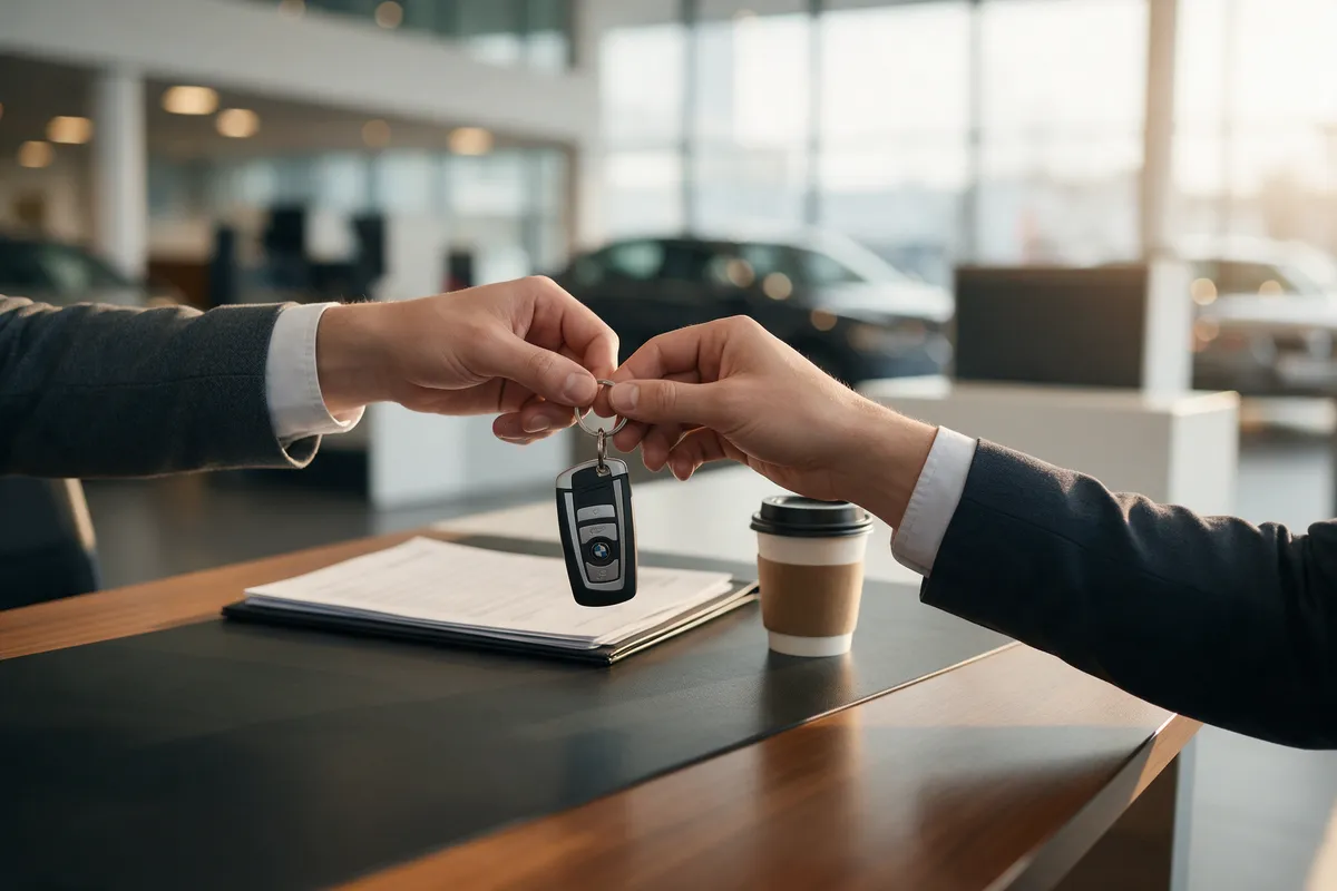 Car keys being handed over across the showroom desk with the paperwork
