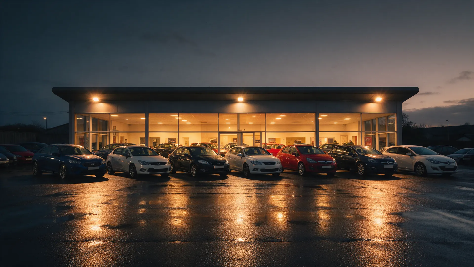 The Valley Motor Company forecourt at dusk, a row of used cars under the lights in front of the showroom