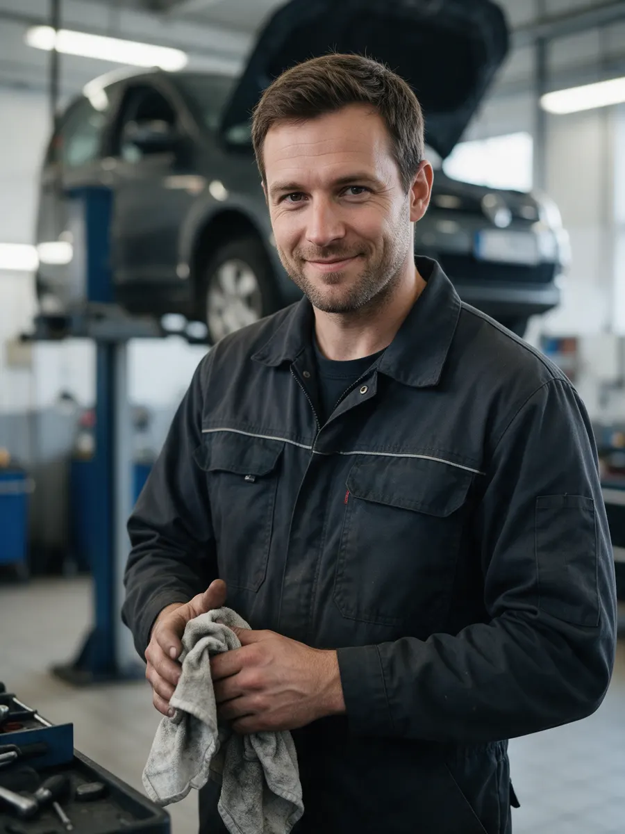 Lewis Price in the workshop wiping his hands on a rag