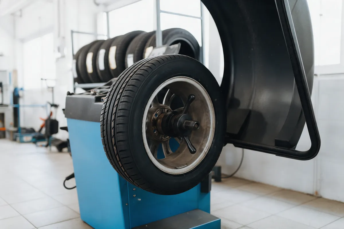 A new tyre on the wheel balancing machine in the workshop
