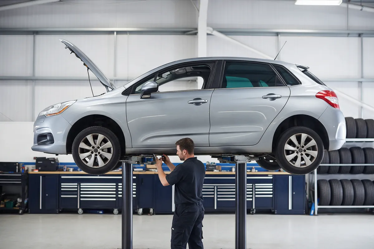 A technician working under a hatchback on a two-post lift in the Valley Motor Company workshop