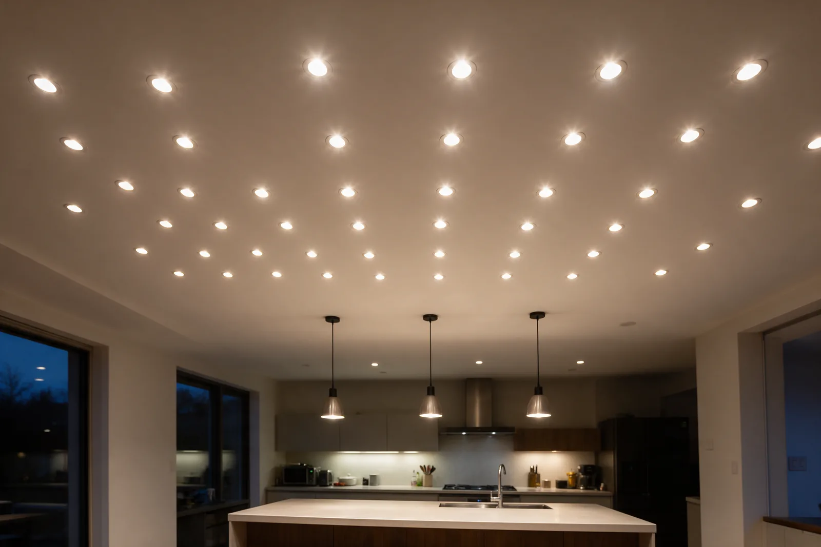 A kitchen ceiling with a grid of warm white LED downlights and pendant lights over an island