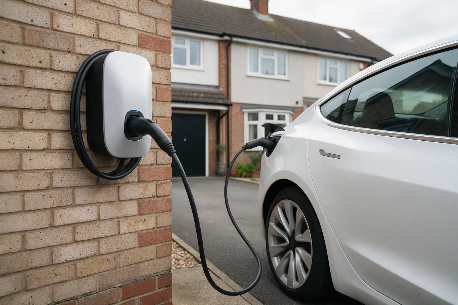 A wall-mounted EV charger on a brick wall with its cable plugged into a white electric car