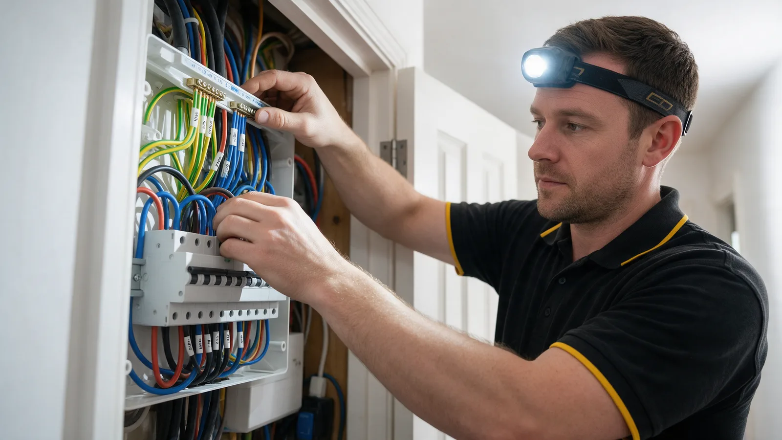 An electrician in a Volta Electrical polo testing a newly fitted consumer unit with a multifunction tester