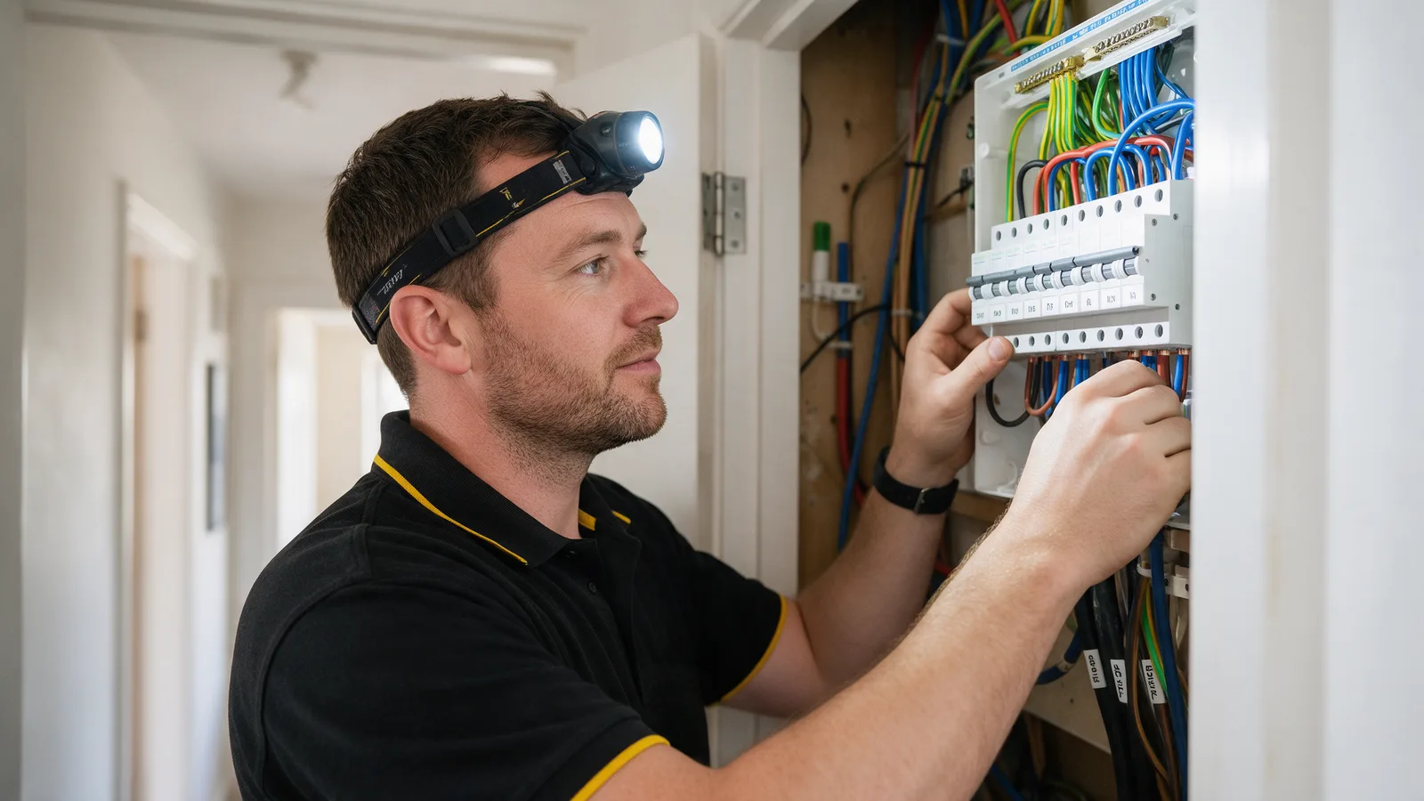 An electrician fitting a new consumer unit in a hallway cupboard, cables neatly dressed into the board