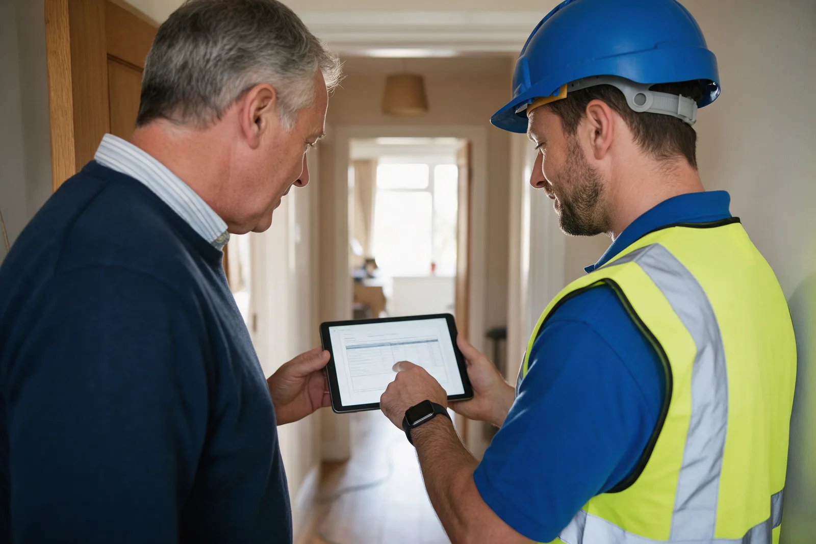 An electrician showing a completed EICR report on a tablet to a homeowner at their kitchen table