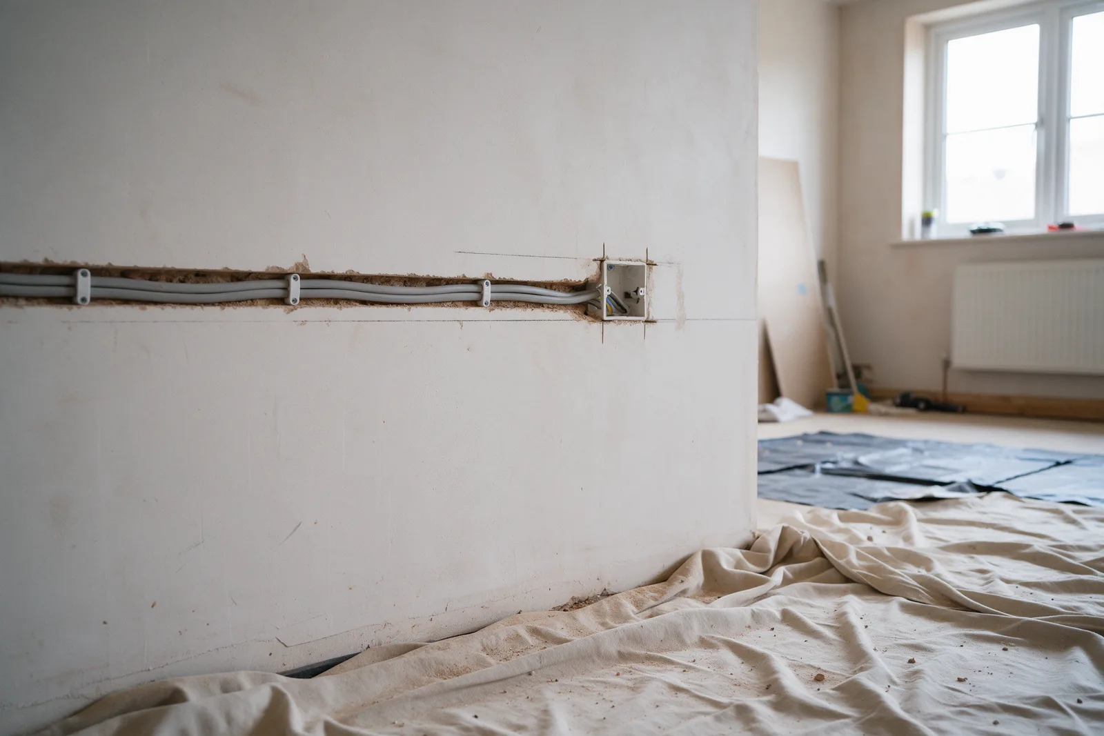 A room being rewired with new cable clipped into chased channels in the walls