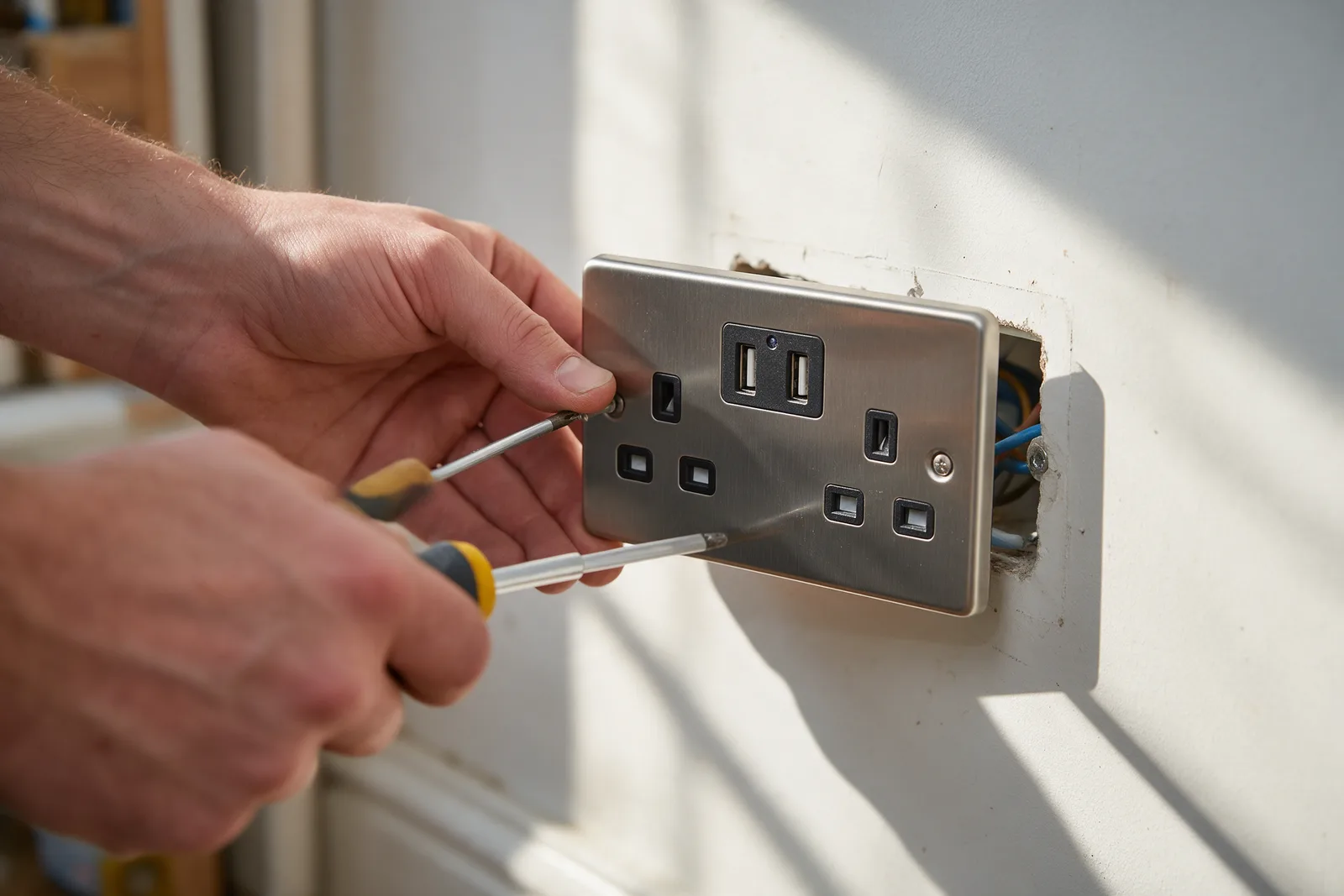 An electrician fitting a new white double socket with USB ports to a freshly painted wall