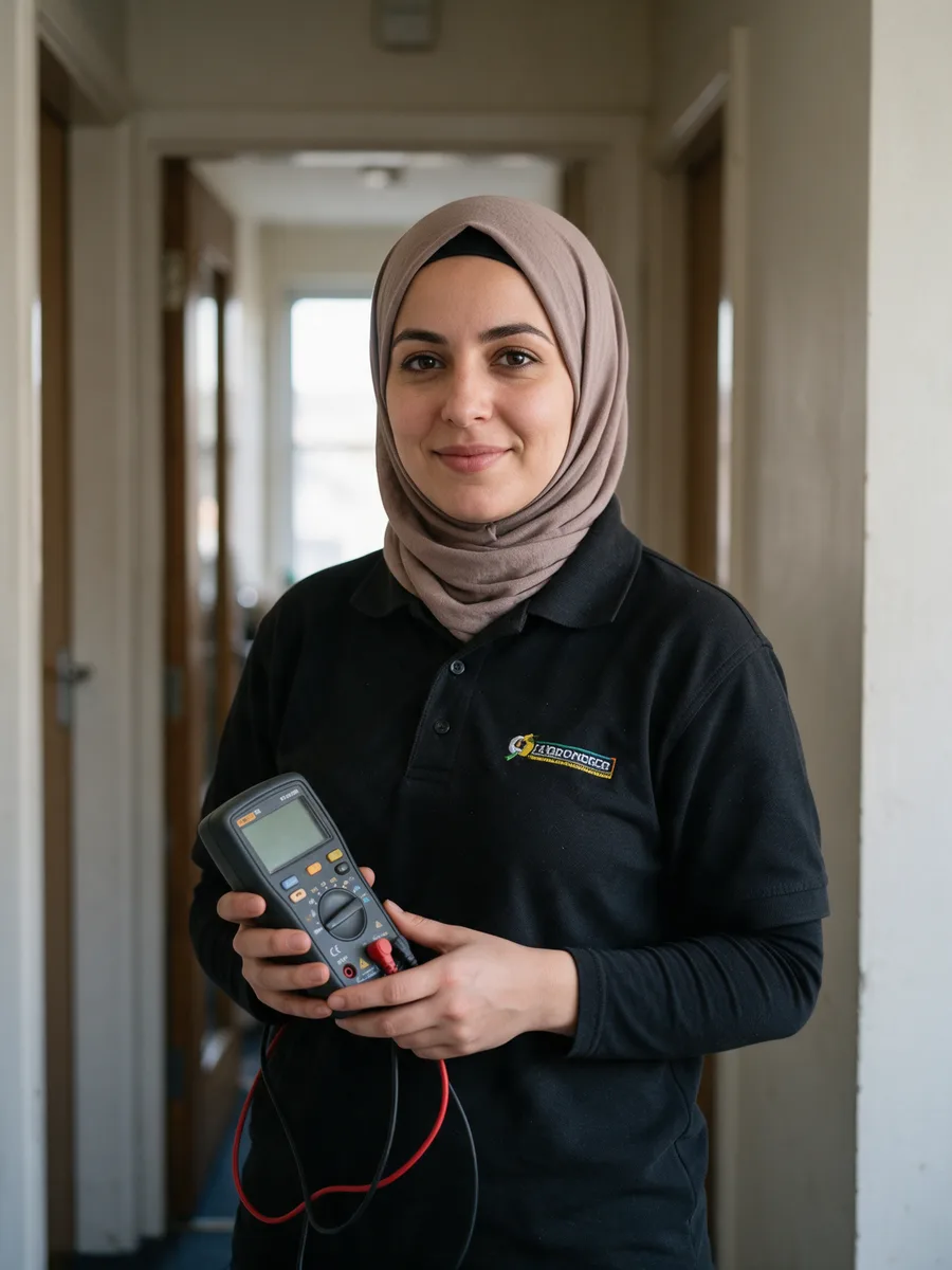 Amira Khan holding a multifunction tester in a hallway