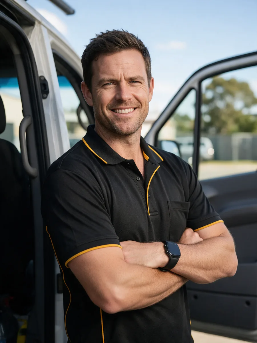 Dan Hughes standing beside his van with arms folded