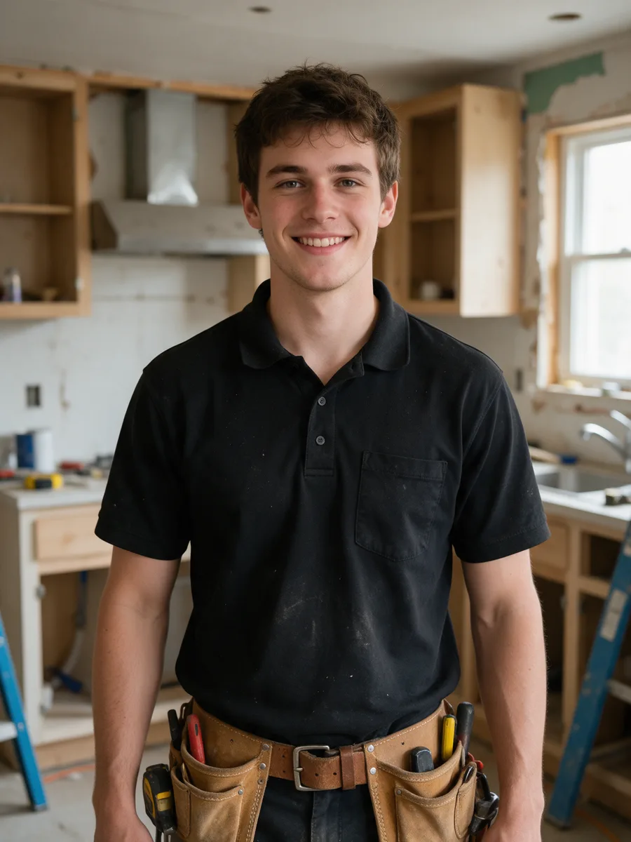 Tom Rees with a tool belt in a kitchen under renovation