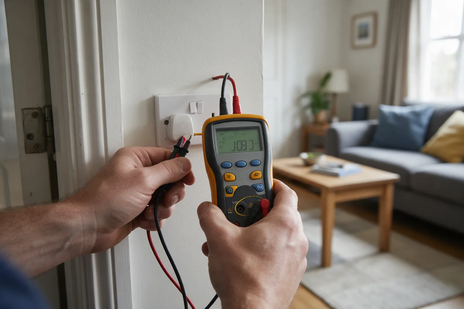 An electrician testing a wall socket with a multifunction tester