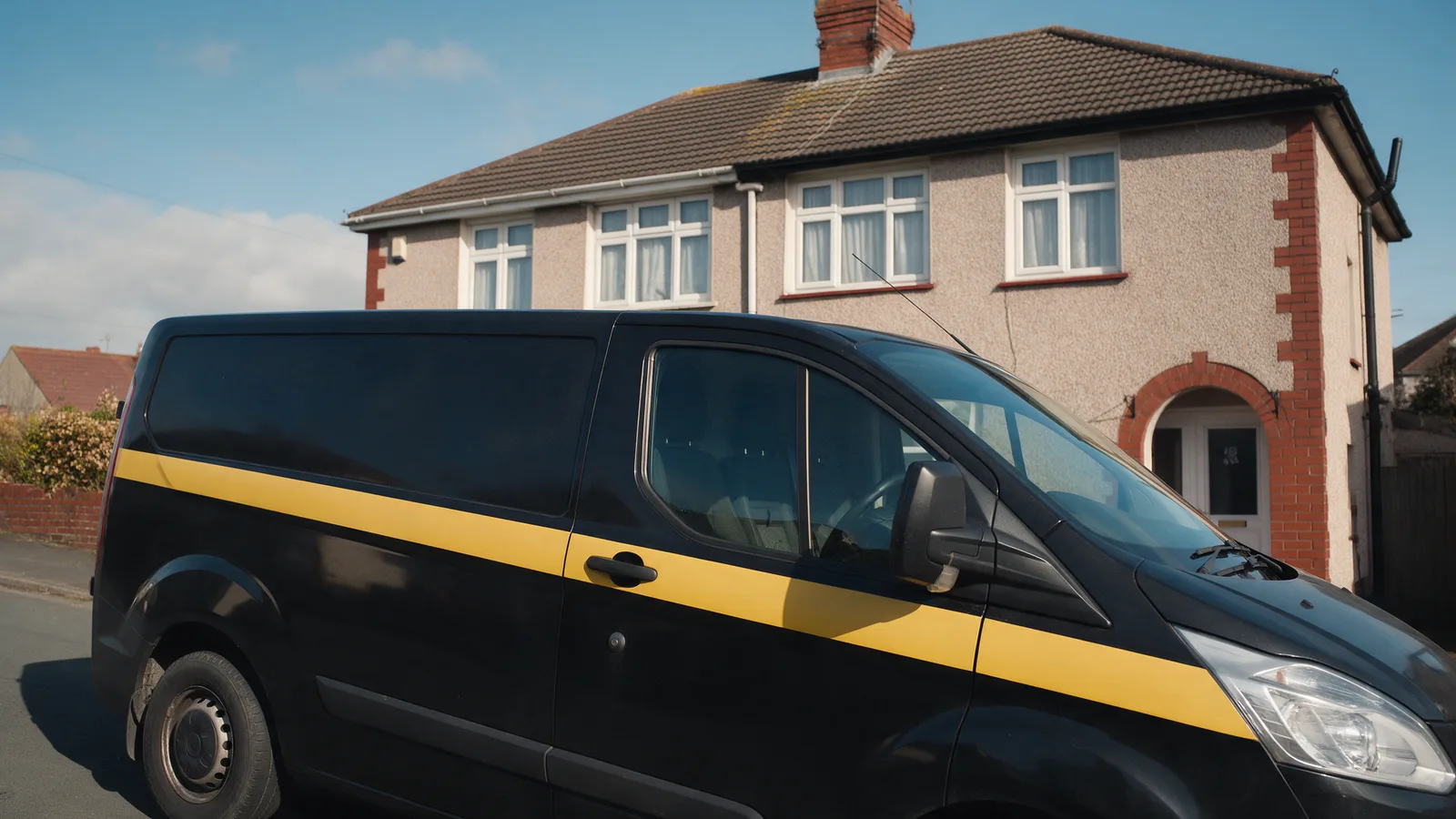 A black Volta Electrical van with yellow lettering parked outside a terraced house in Cardiff