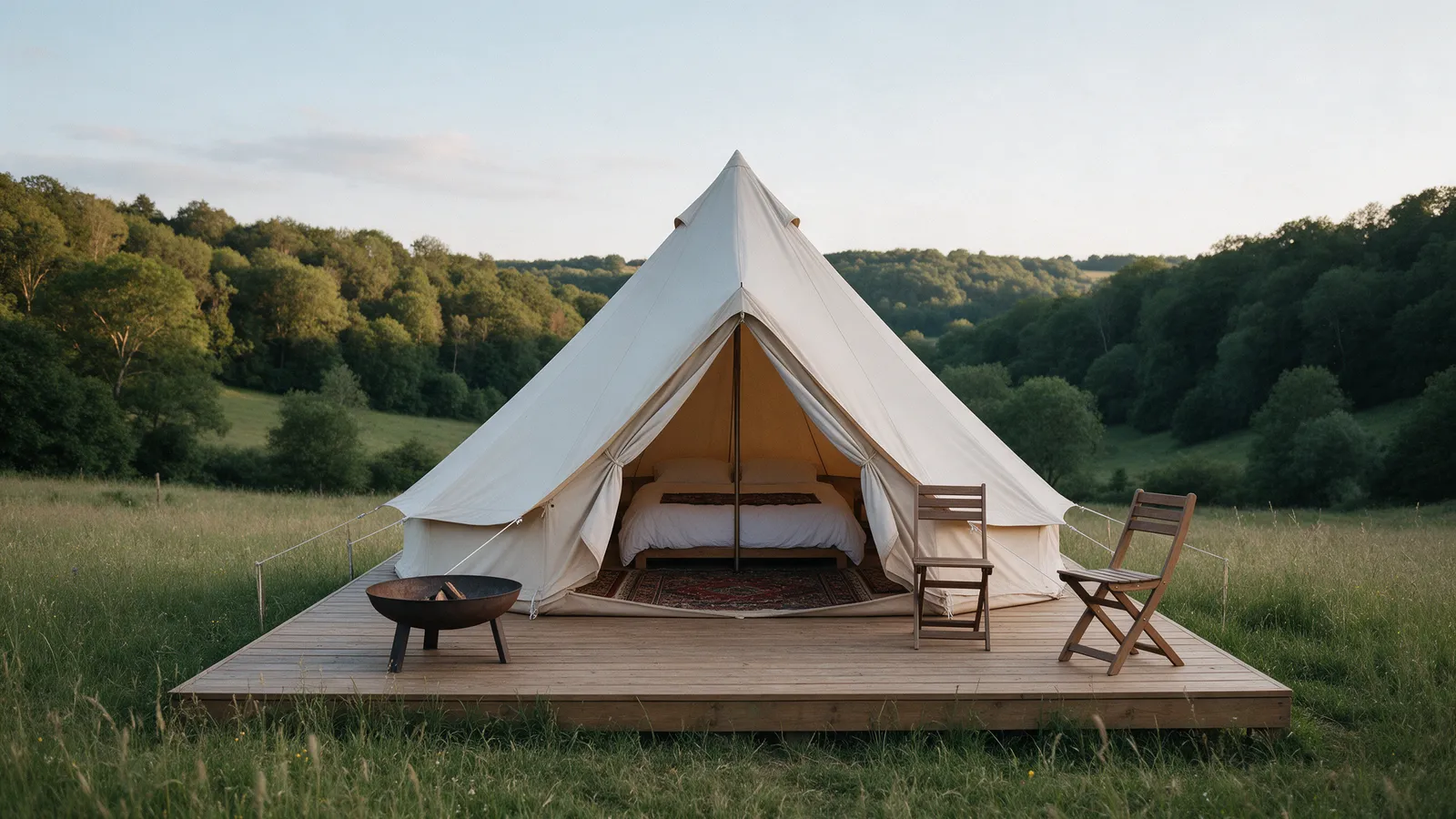 A canvas bell tent on a raised wooden deck at the top of a meadow, its door open to show a bed and rugs, a fire pit and two chairs in front and a wooded valley beyond
