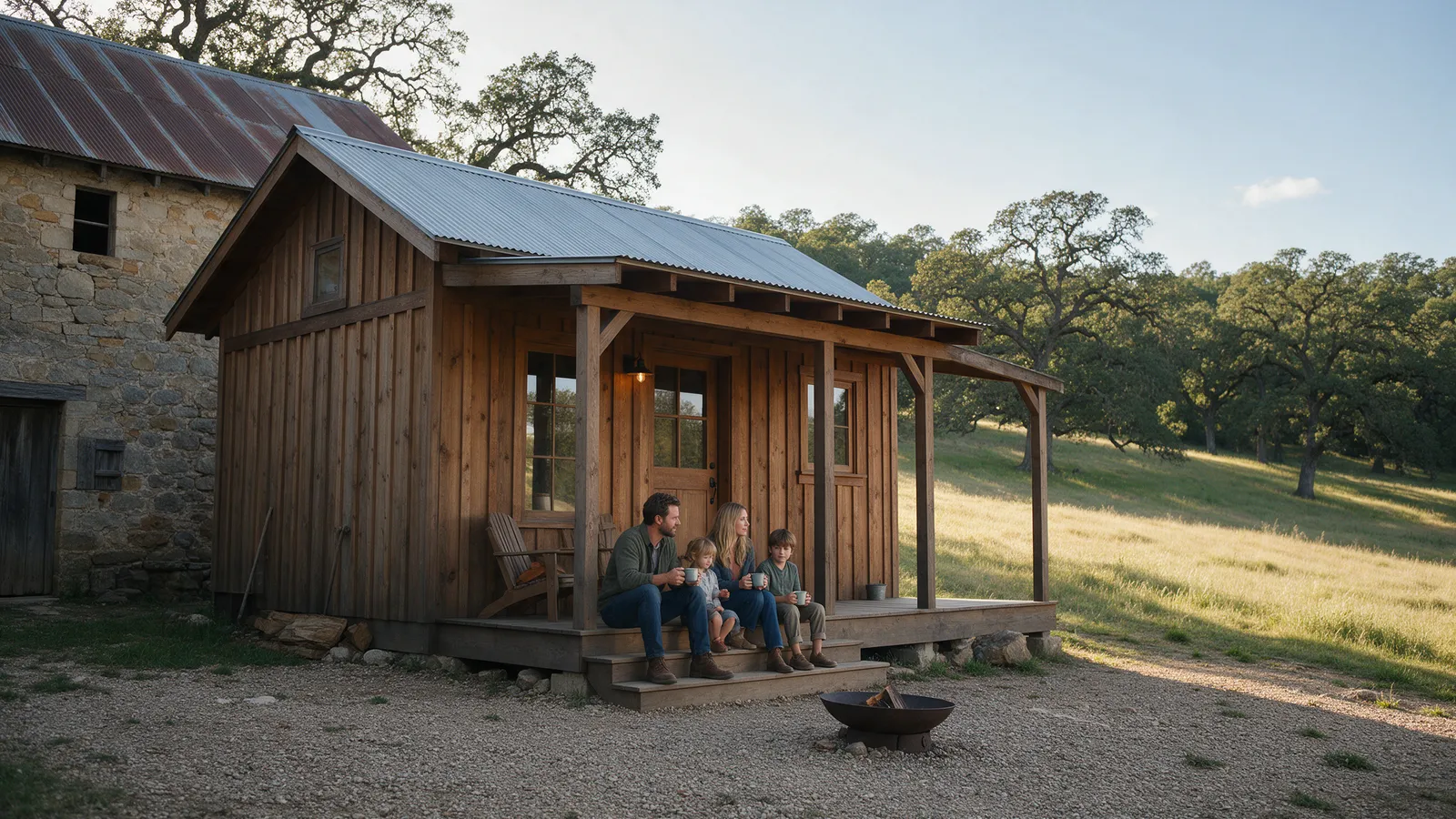 A small timber cabin with a covered porch beside a stone barn, a family on the porch steps, a fire pit on the gravel in front and a meadow sloping away to woods