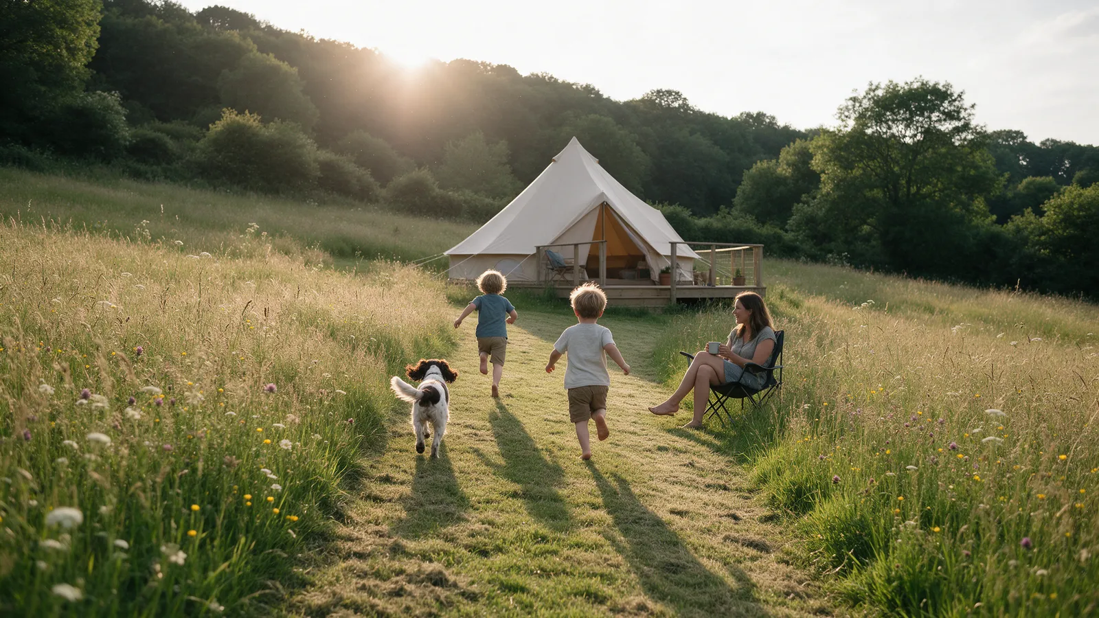 Two children and a spaniel running through a meadow path towards a bell tent on a deck, a woman watching from a camp chair with a mug, a wooded hillside and low evening sun behind