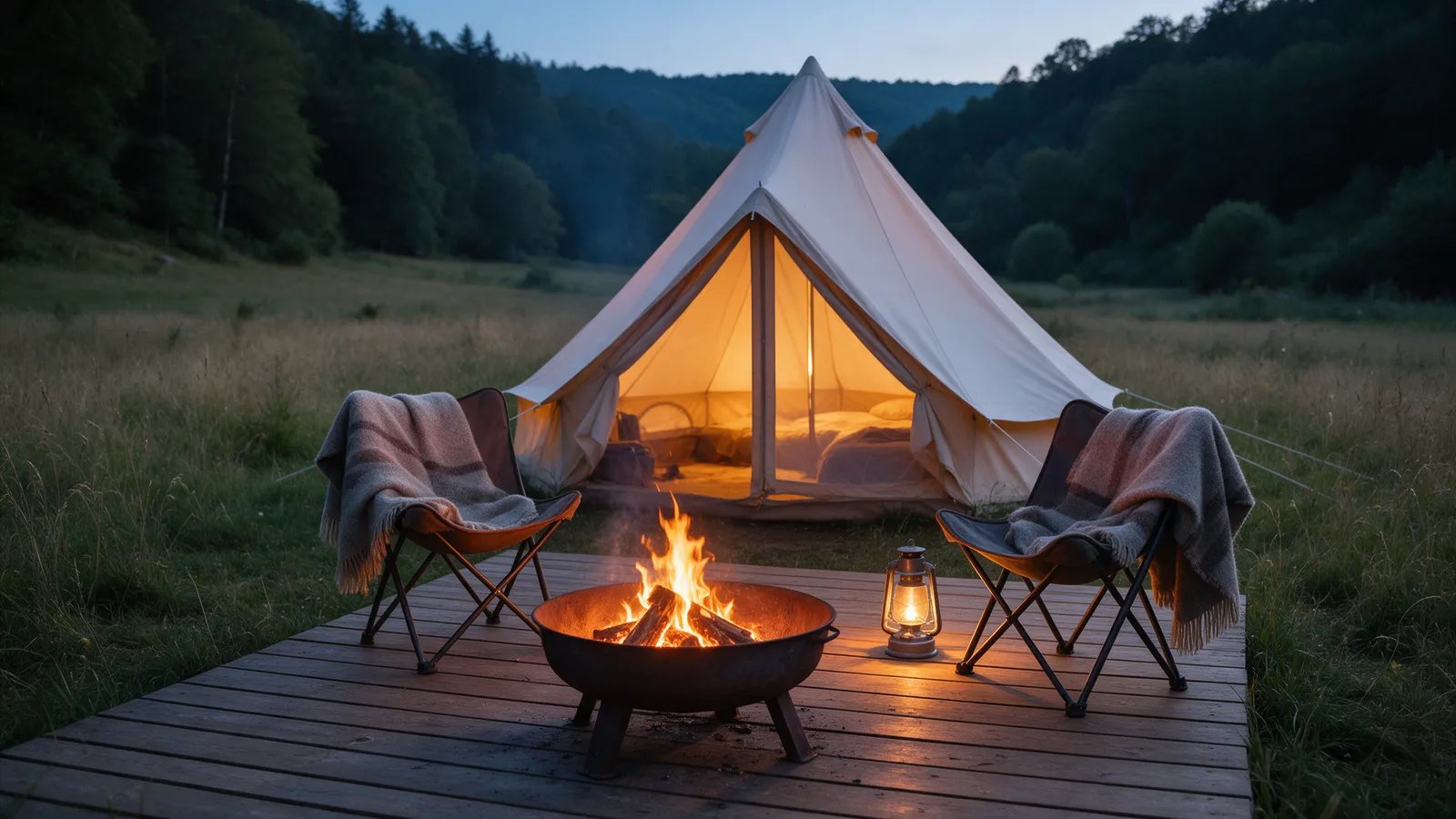 A fire pit burning on a wooden deck in a meadow at dusk, two camp chairs and a lantern beside it, a bell tent glowing behind and a wooded valley fading into blue