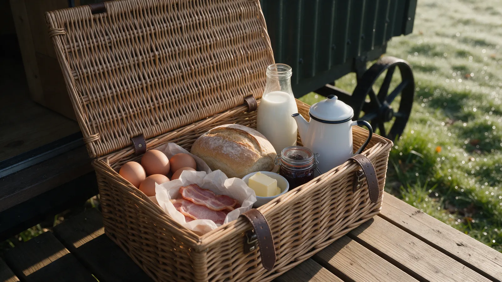 A wicker breakfast hamper open on the deck of a shepherd's hut in morning light: eggs, bacon in paper, a loaf, butter, a jar of jam, a bottle of milk and a small enamel coffee pot