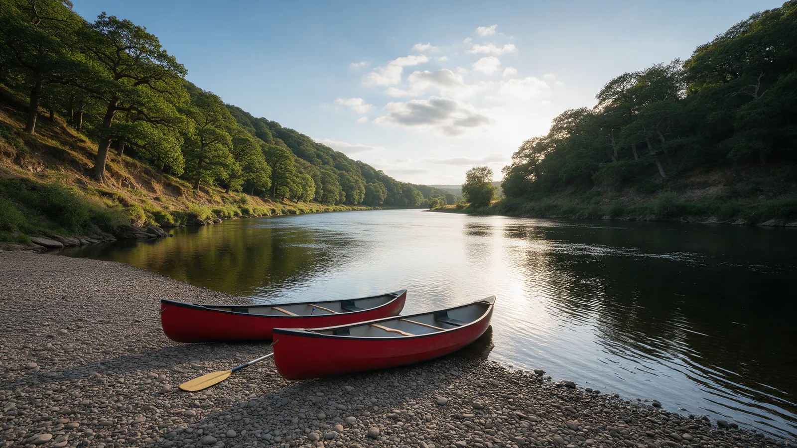 Two open canoes on a calm stretch of the River Wye below steep wooded banks, a shingle beach in the foreground and a paddle resting on it, late afternoon sun on the water
