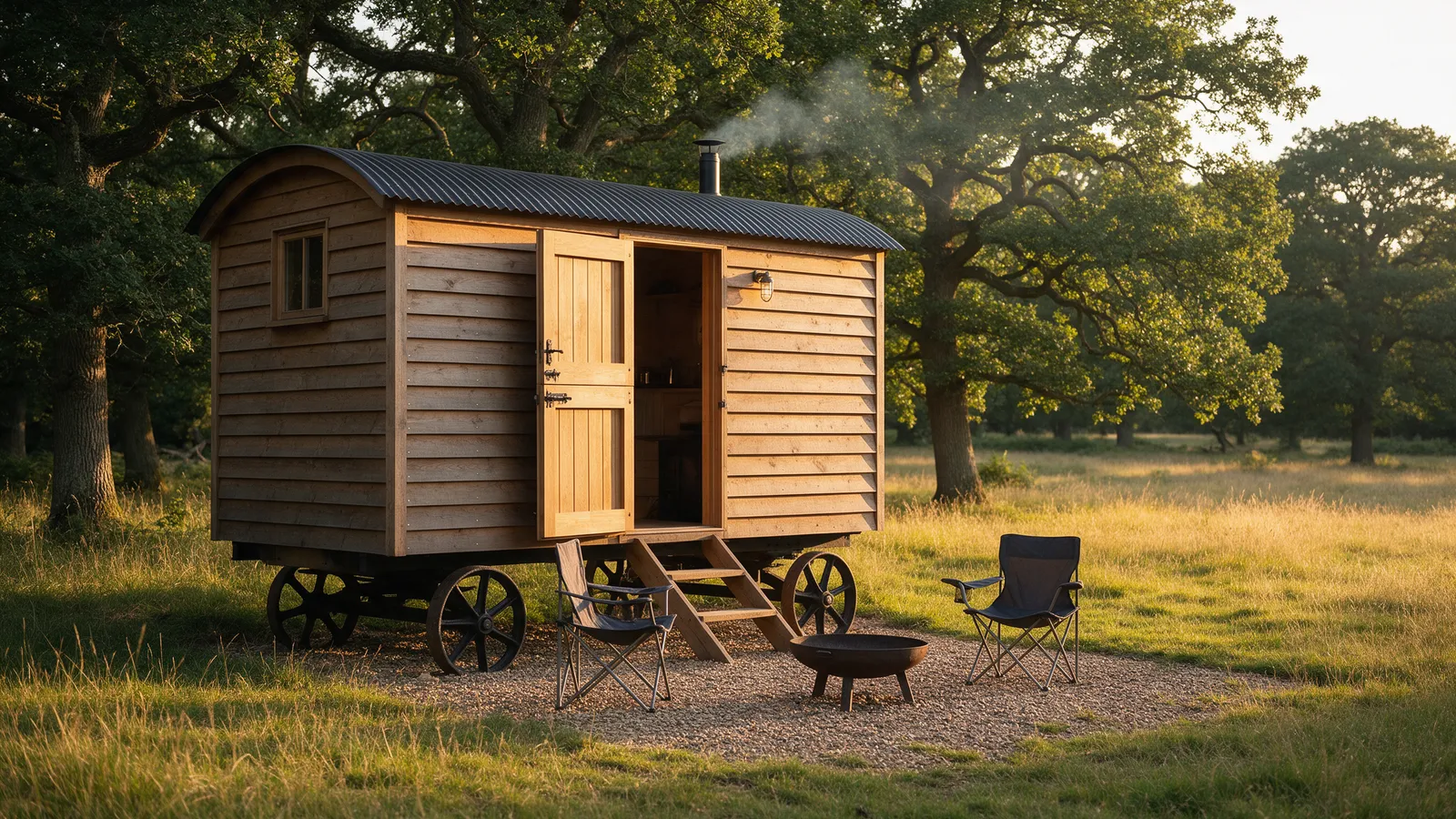 A timber shepherd's hut on iron wheels at the edge of a wood, a stable door open, a small chimney, a fire pit and two chairs on a gravel pad in front, evening light across a meadow