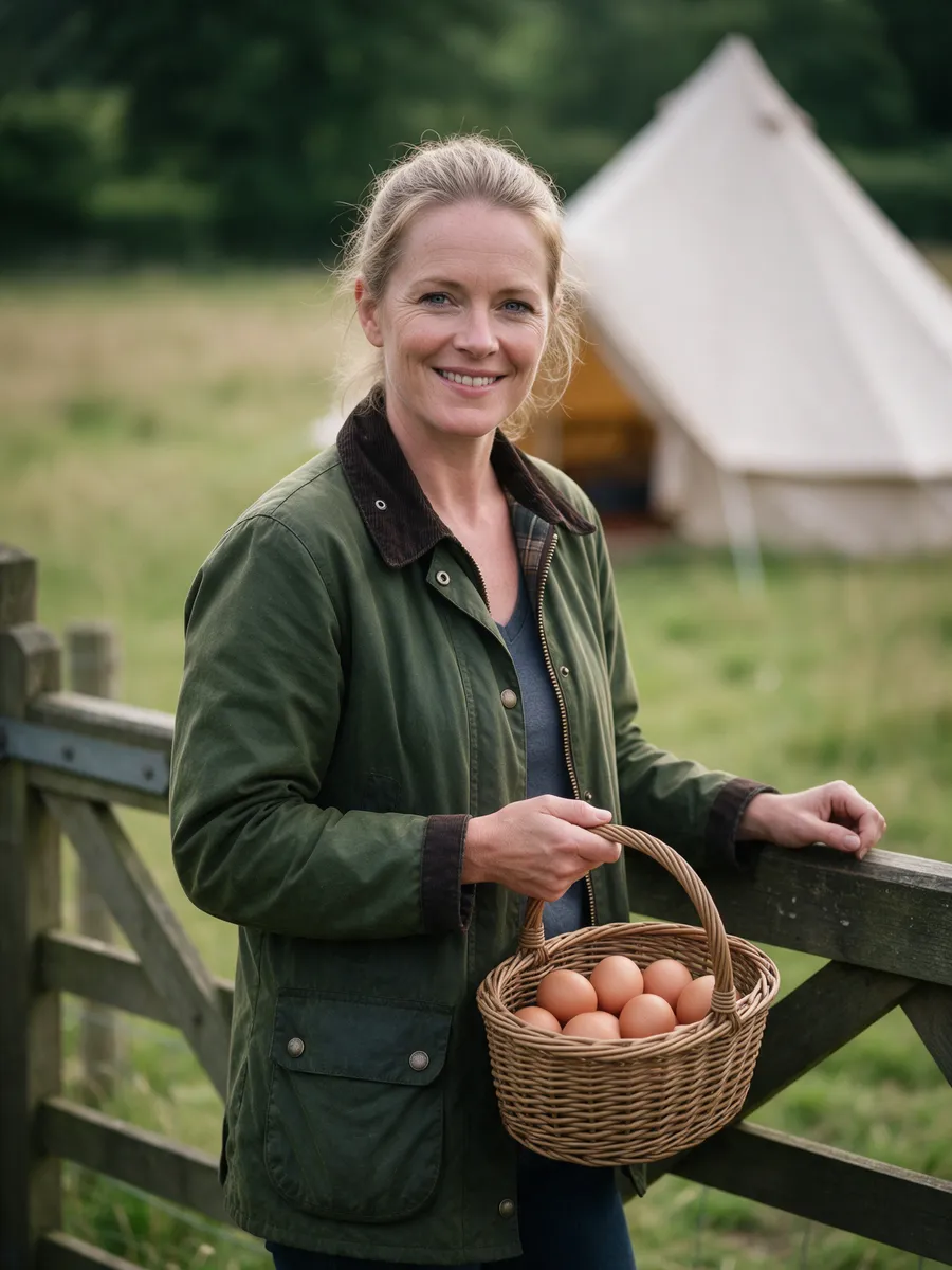 Elin Rowlands, a Welsh woman in her early forties with fair hair tied back, in a green waxed jacket, standing at a farm gate with a basket of eggs, a meadow and bell tent behind her
