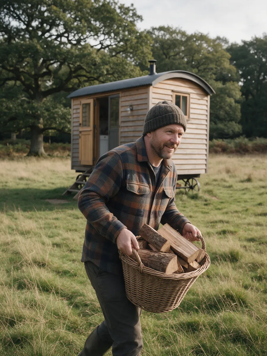Tom Rowlands, a Welsh man in his mid-forties with a beard and a wool hat, in a checked shirt, carrying a basket of logs across a meadow towards a shepherd's hut, woods behind
