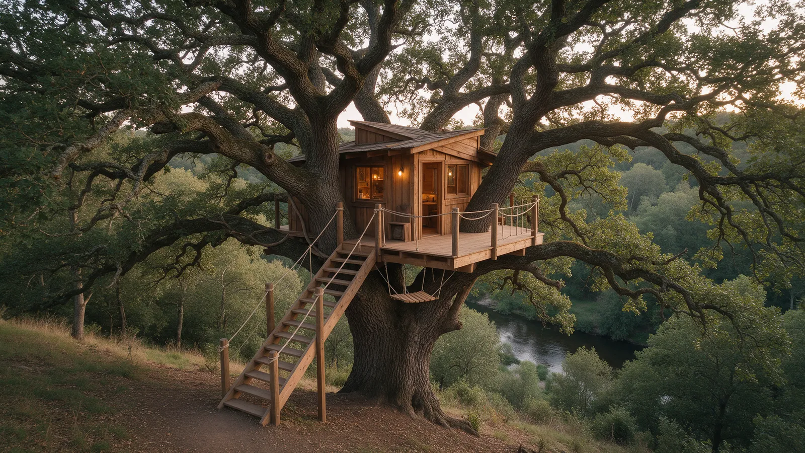 A timber treehouse with a small deck built among the branches of a large oak tree, a rope bridge leading to it, a wooded valley and a river below in evening light