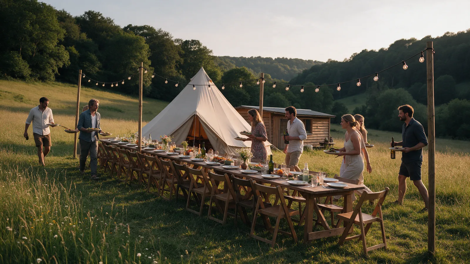 A long table laid for a dozen people on a meadow at dusk with festoon lights strung between posts, a bell tent and a cabin behind, people arriving with plates, the wooded valley beyond