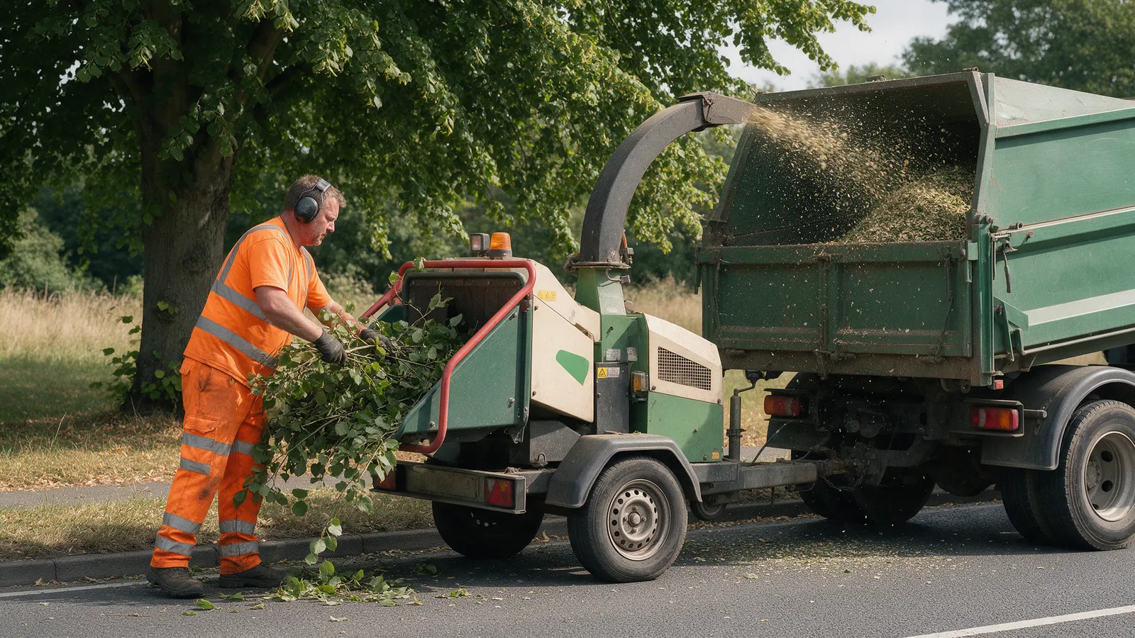 A groundsman in hi-vis orange and ear defenders feeding leafy branches into a towed wood chipper, the chips blowing into a green tipper truck