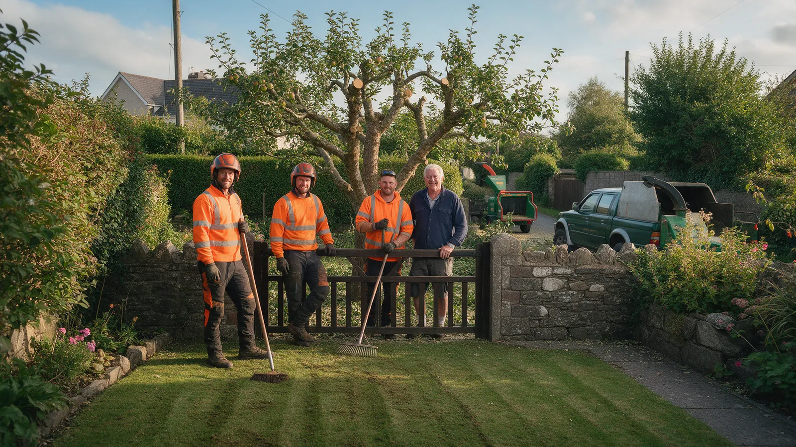 Three tree surgeons in hi-vis orange with a homeowner at a garden gate after a job, the lawn raked and a freshly reduced apple tree behind them