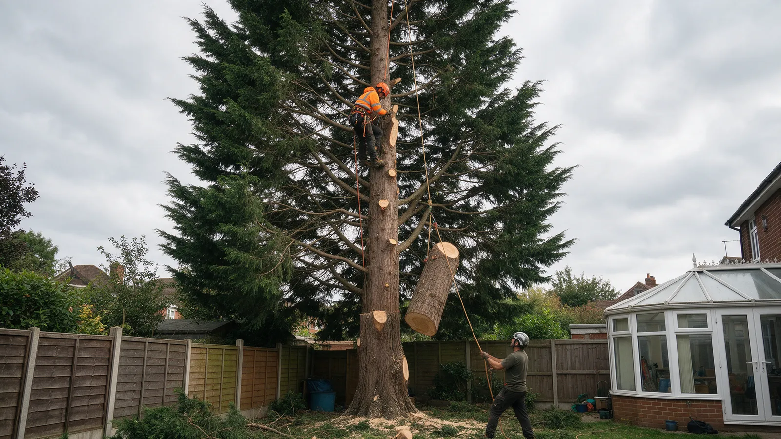 A climber in hi-vis orange high in a tall conifer lowering a cut section on a rigging rope to a groundsman in a suburban back garden