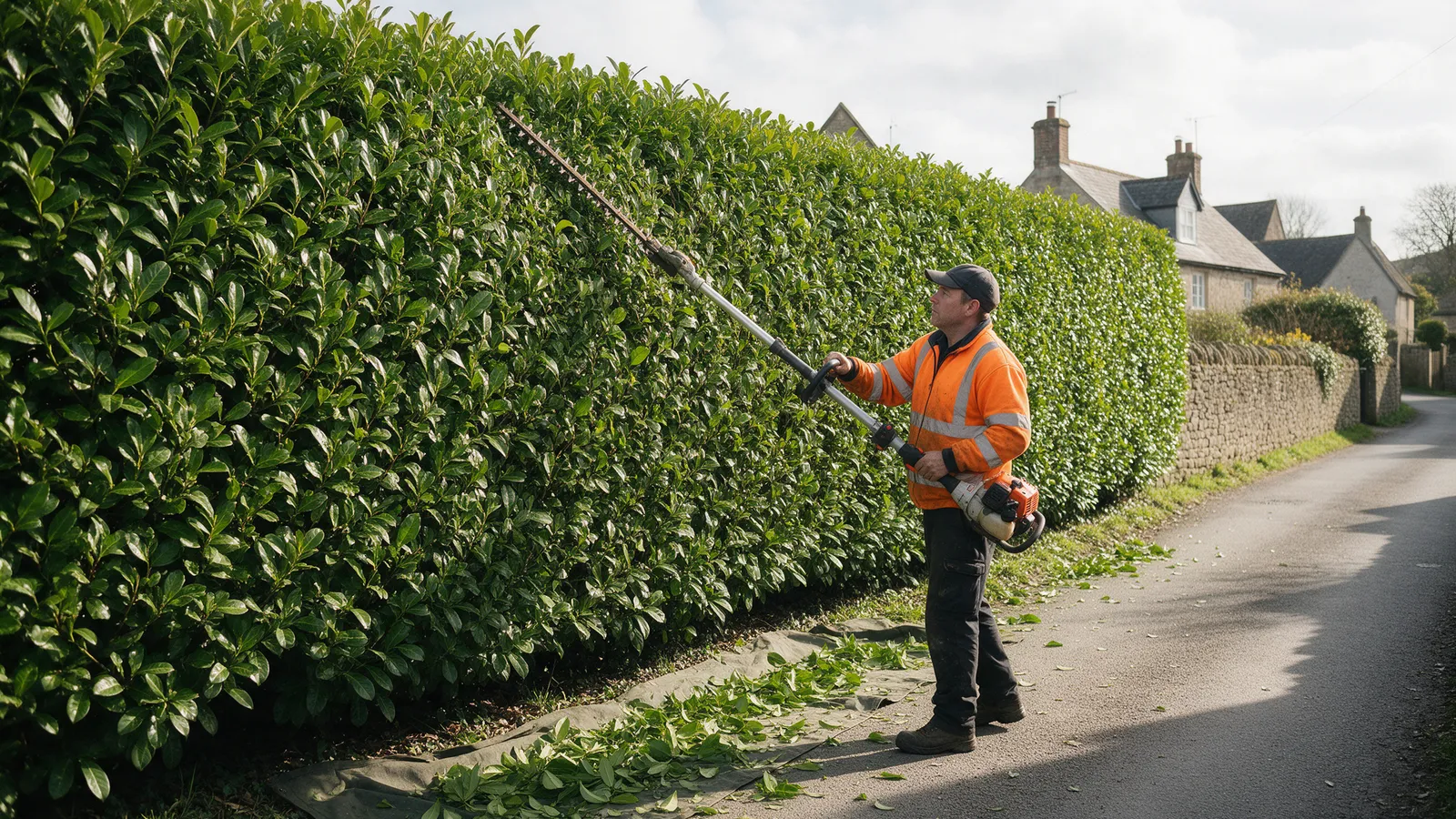 A worker in hi-vis orange trimming a tall laurel hedge with a long-reach petrol hedge trimmer along a village lane, clippings falling onto a ground sheet