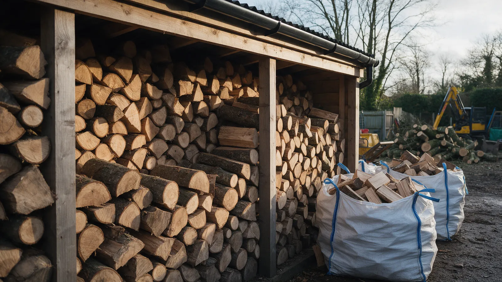 Neatly stacked seasoned hardwood logs in a timber log store with builders' bags of split logs beside it ready for delivery