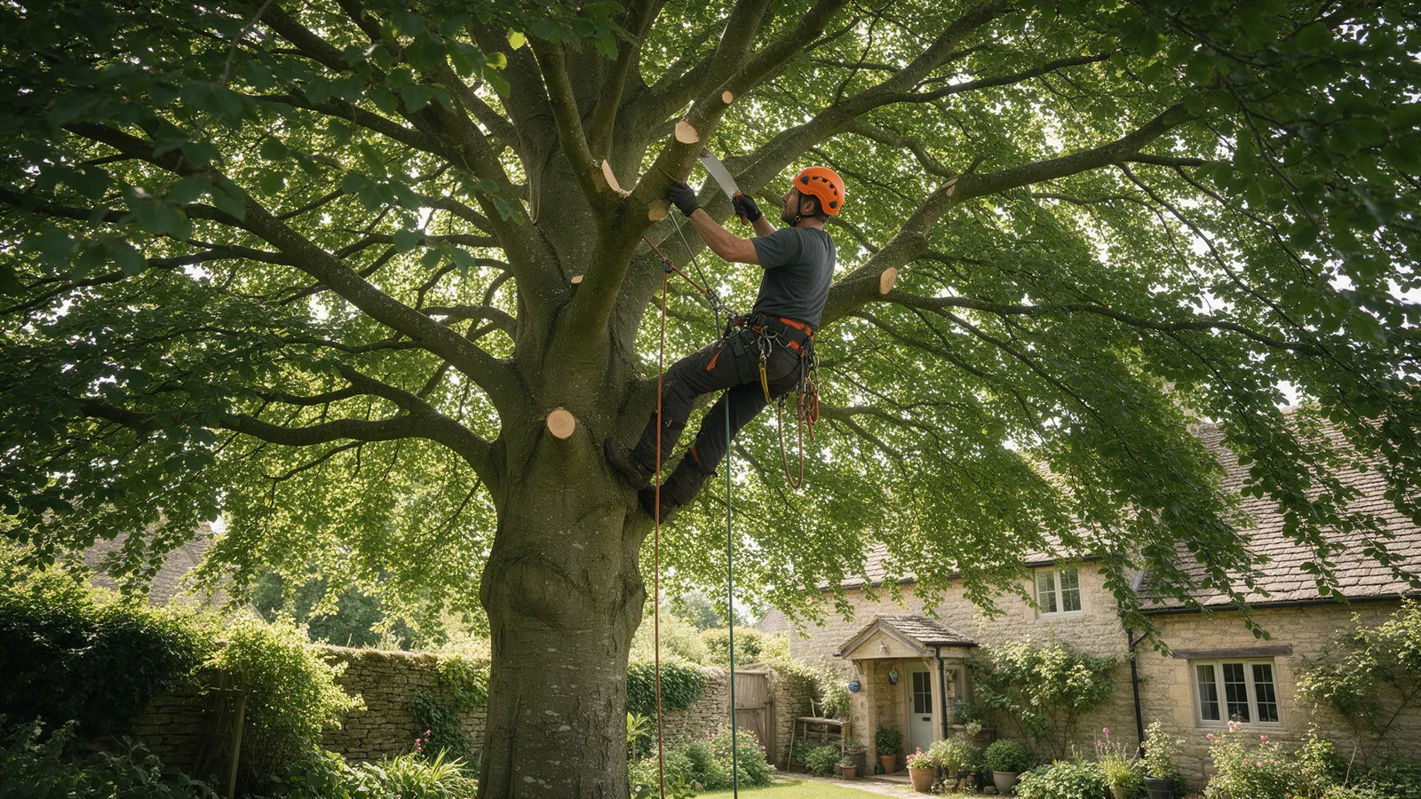 A climbing arborist in a harness and orange helmet pruning the crown of a mature beech with a hand saw, clean cuts on the branches, a stone cottage garden below