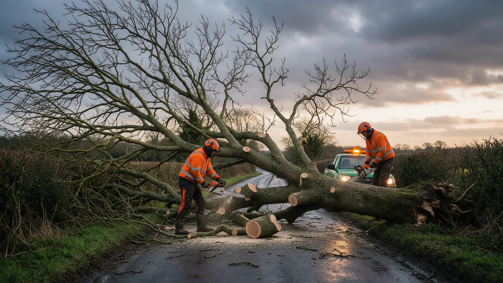 A large ash tree fallen across a narrow country lane after a storm at dusk, two tree surgeons in hi-vis orange cutting it up with chainsaws beside a green pickup with an amber beacon