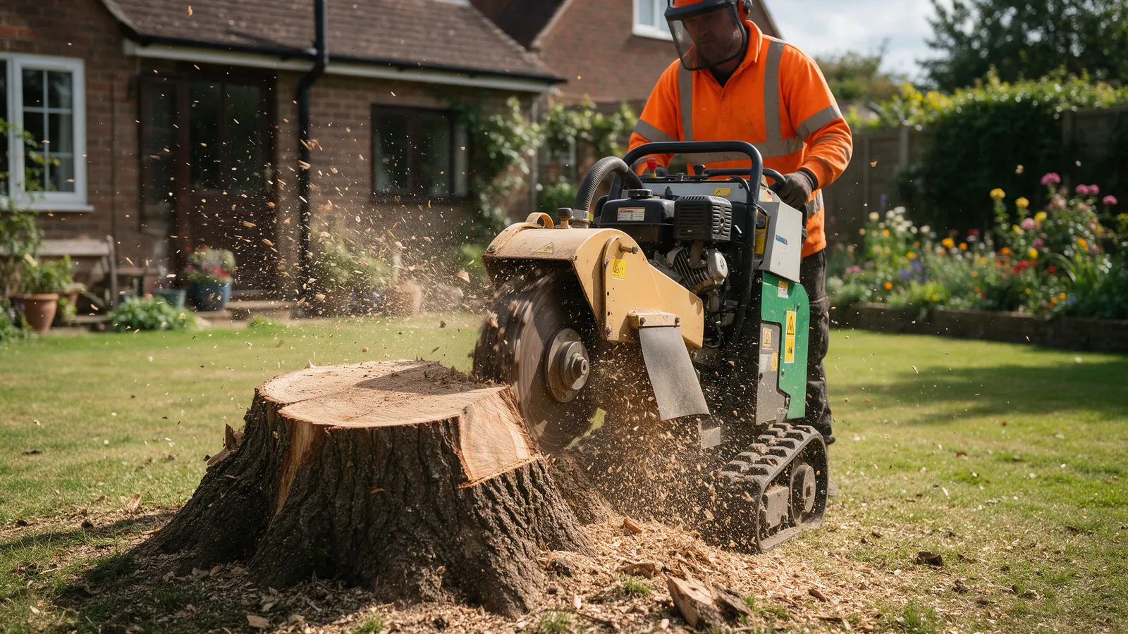 A narrow-access stump grinder chewing into a large tree stump on a garden lawn, wood chips spraying, the operator in a face visor and hi-vis orange behind the machine